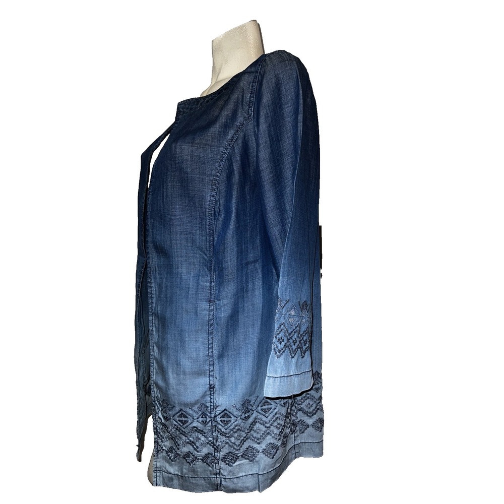 New Chico's Royal Dip Dye Chambray Embroidered Open Front Duster Jacket Size 2 L - Picture 5 of 10